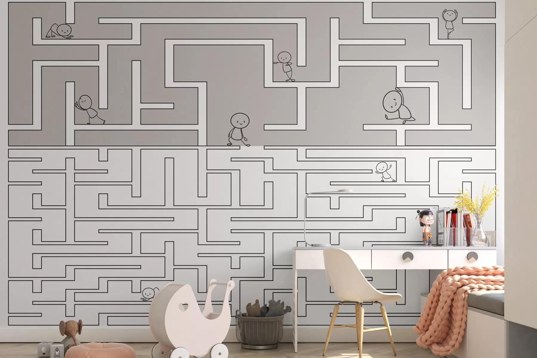 τοιχογραφίες Λαβύρινθος σε ανοιχτό γκρι και λευκό w03873v5