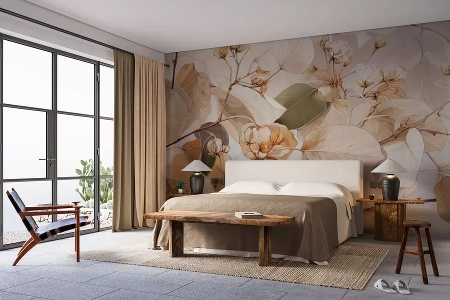 τοιχογραφίες Κλαδιά από φύλλα λεύκας και λουλούδια σε στυλ ελαιογραφίας σε μπεζ τόνους w09082