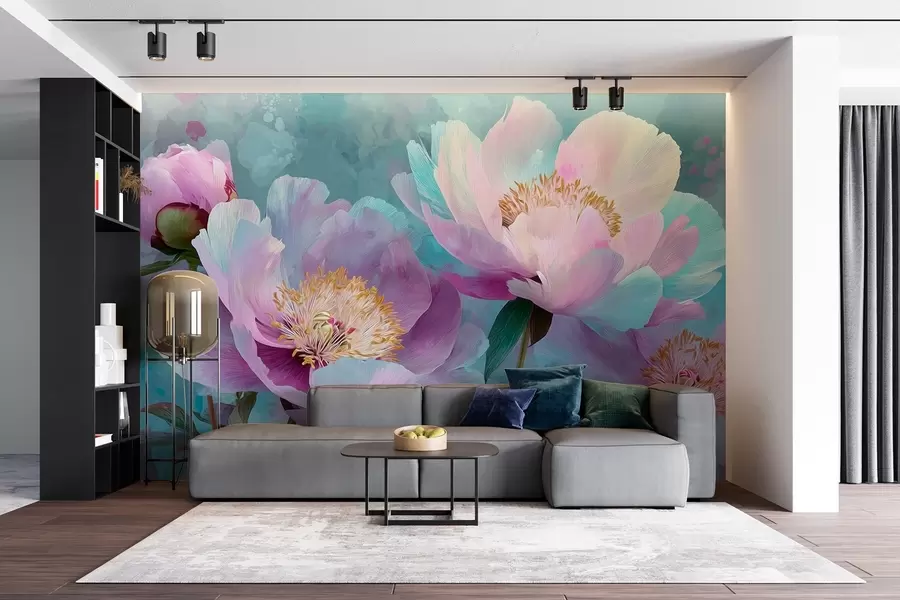 τοιχογραφίες Πολύχρωμες παιώνιες σε μπλε και μοβ αποχρώσεις w09087