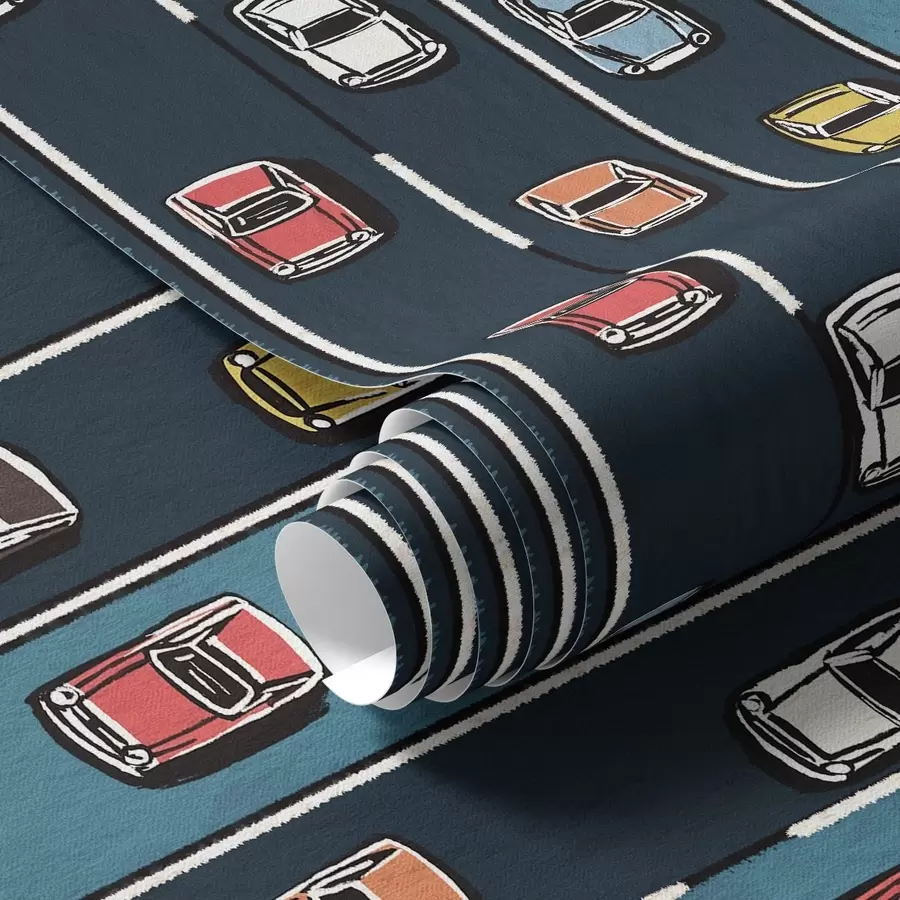 τοιχογραφίες Ρετρό αυτοκίνητο σε ναυτικό μπλε δρόμο σε στυλ της δεκαετίας του 60 a00118