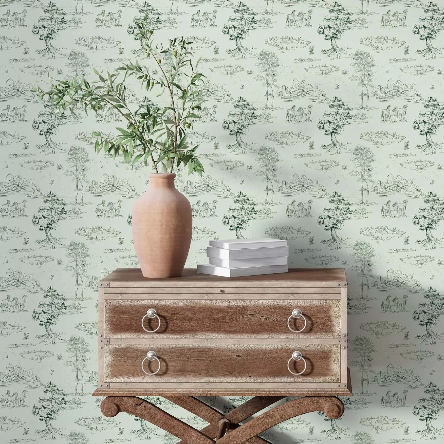 τοιχογραφίες Σκηνή με άλογα, δέντρα και κάστρο σε πράσινο φόντο a00133v1