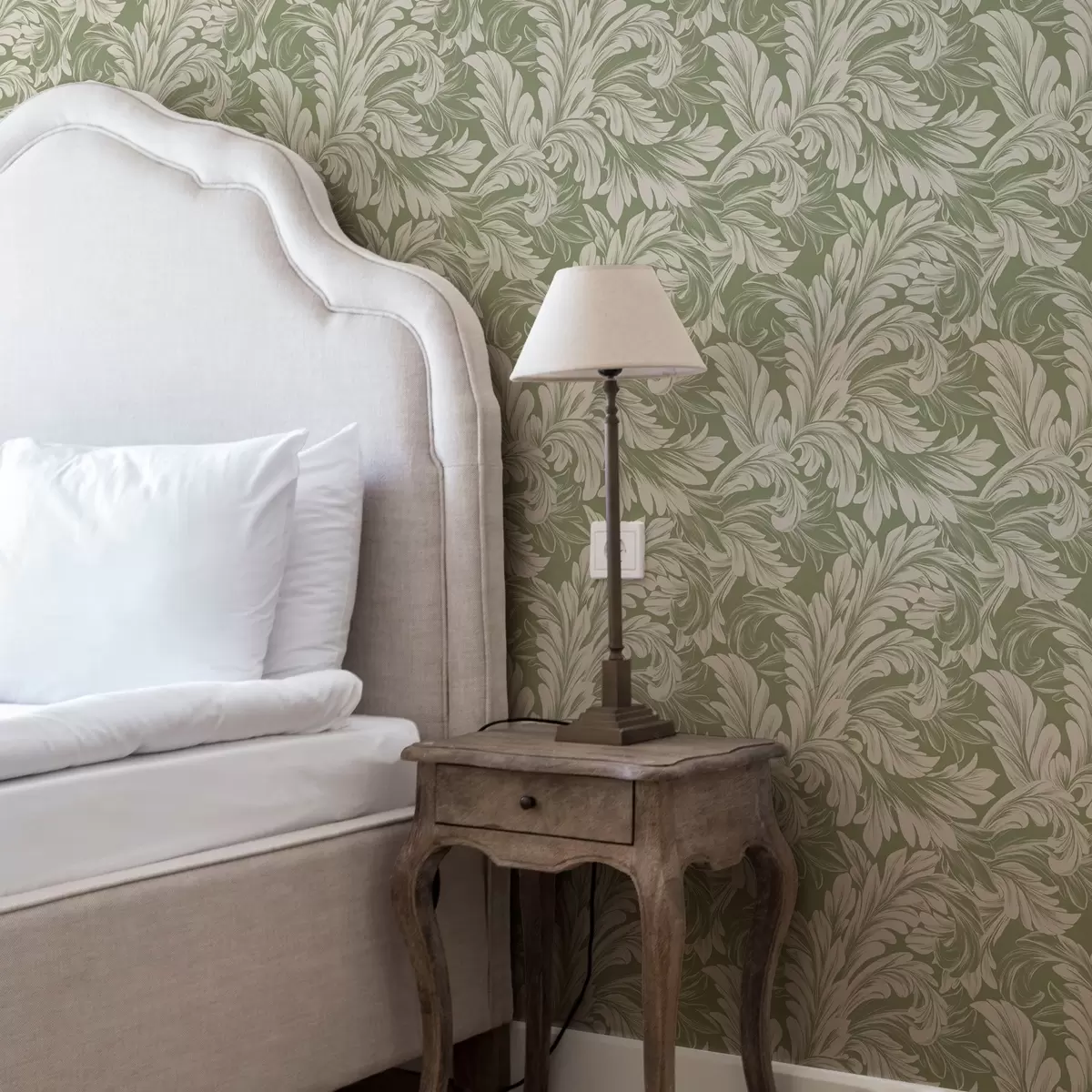 Ταπετσαρία Μπαρόκ με κρεμ φύλλα σε πράσινο φόντο a00135