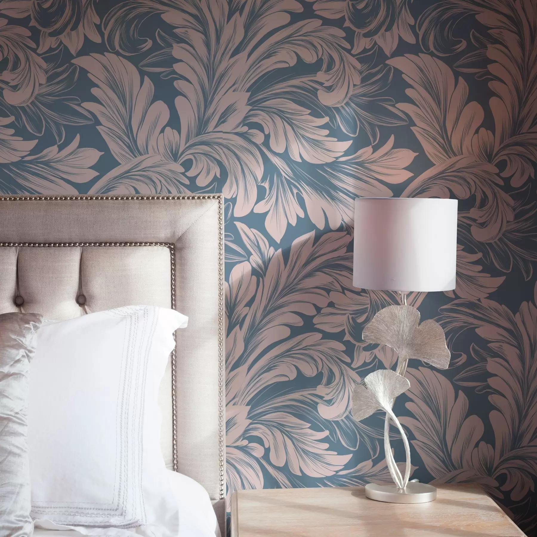 τοιχογραφίες Φυτικές μπούκλες σε κρεμ τόνους σε μπλε και γκρι φόντο a00135v2