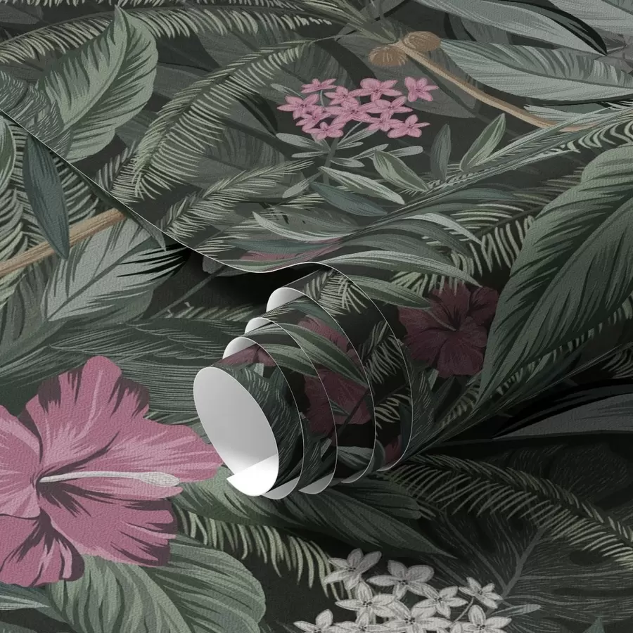 τοιχογραφίες Τροπικά φύλλα και πουλί σε σκούρο φόντο a00140