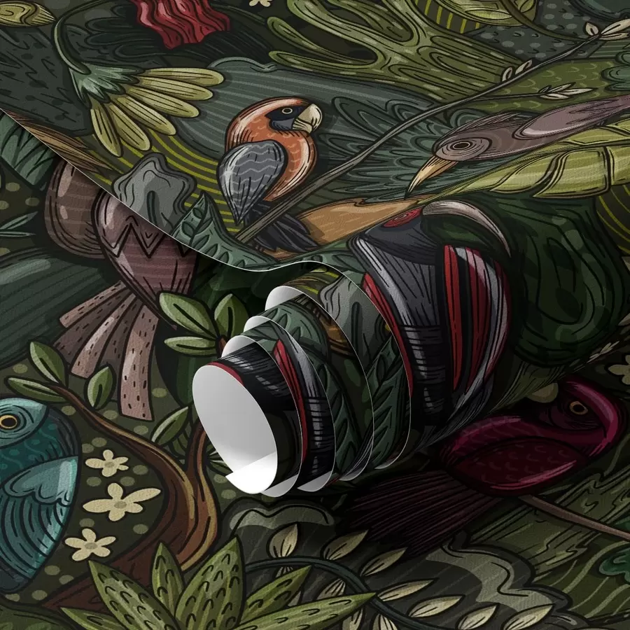 τοιχογραφίες Εξωτικά πουλιά στη ζούγκλα σε στυλ χαρακτικής a00157