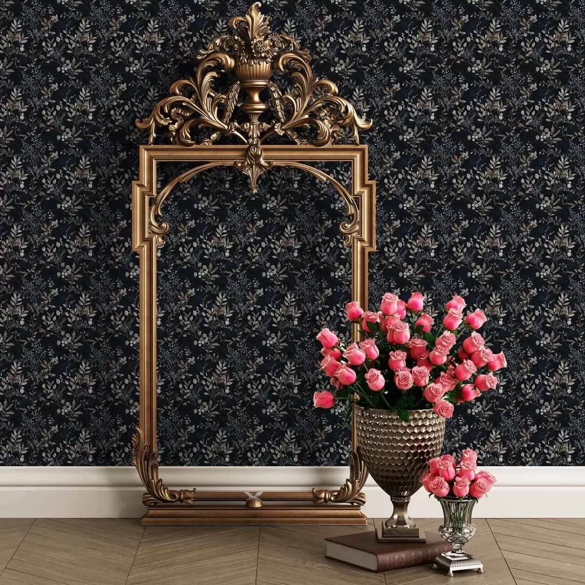 Ταπετσαρία Κλασικό floral print σε ανοιχτά χρώματα σε σκούρο φόντο a00166v2