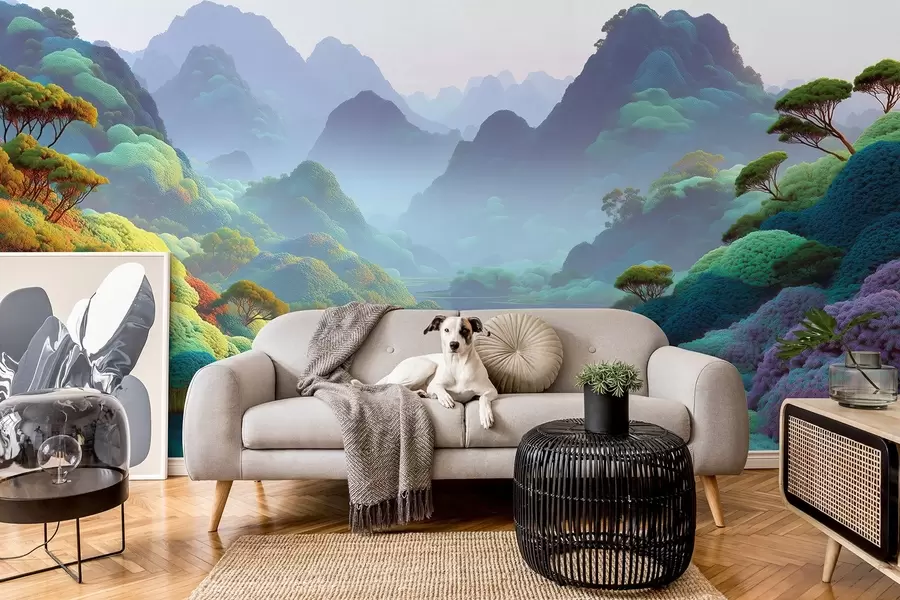 τοιχογραφίες Ορεινό τοπίο με ένα ποτάμι σε μπλε τόνους με δέντρα και θάμνους w09088