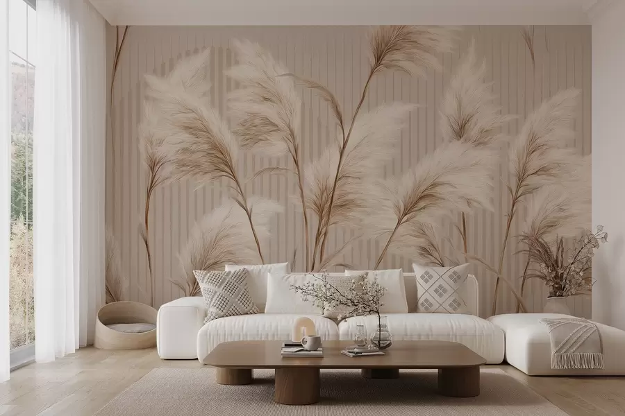 τοιχογραφίες Γρασίδι πάμπας σε φόντο γραμμών σε μπεζ αποχρώσεις w09104
