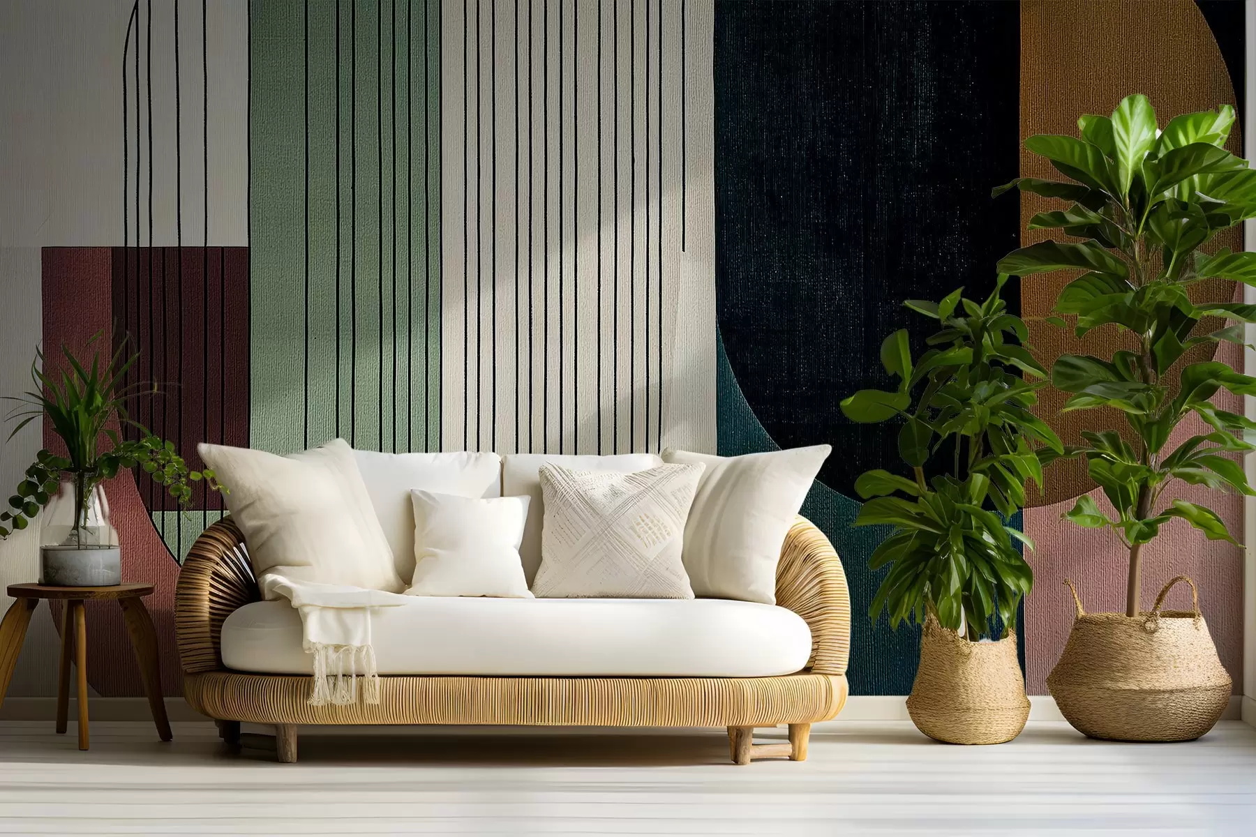 τοιχογραφίες μοντέρνα αφηρημένη γεωμετρική σύνθεση με επικαλυπτόμενα σχήματα και κάθετα μοτίβα γραμμών, λεπτές γραμμές που γεμίζουν τραπέζια και οβάλ, απαλή υφή υφασμάτων, ζεστές αποχρώσεις όπως το πράσινο της ελιάς, το καφέ, το μπεζ και το κάρβουνο, διακριτικά εφέ διαφάνειας μεταξύ των σχημάτων w03937v3