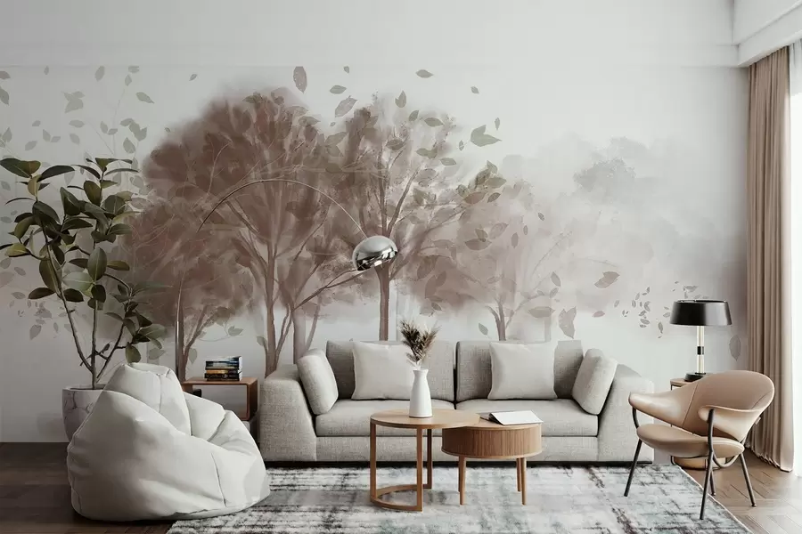 τοιχογραφίες Αφηρημένο τοπίο με δέντρα με καφέ φύλλα που αντανακλώνται στο νερό, σε στυλ ακουαρέλας με υφή w09109v1