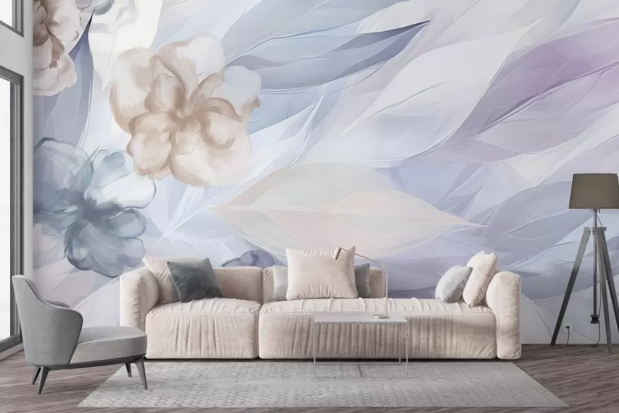 τοιχογραφίες Λεπτά λουλούδια και φύλλα σε αποχρώσεις του λευκού, μπλε, μοβ και μπεζ φόντο , απαλά χρώματα, ευαίσθητα πέταλα w09111