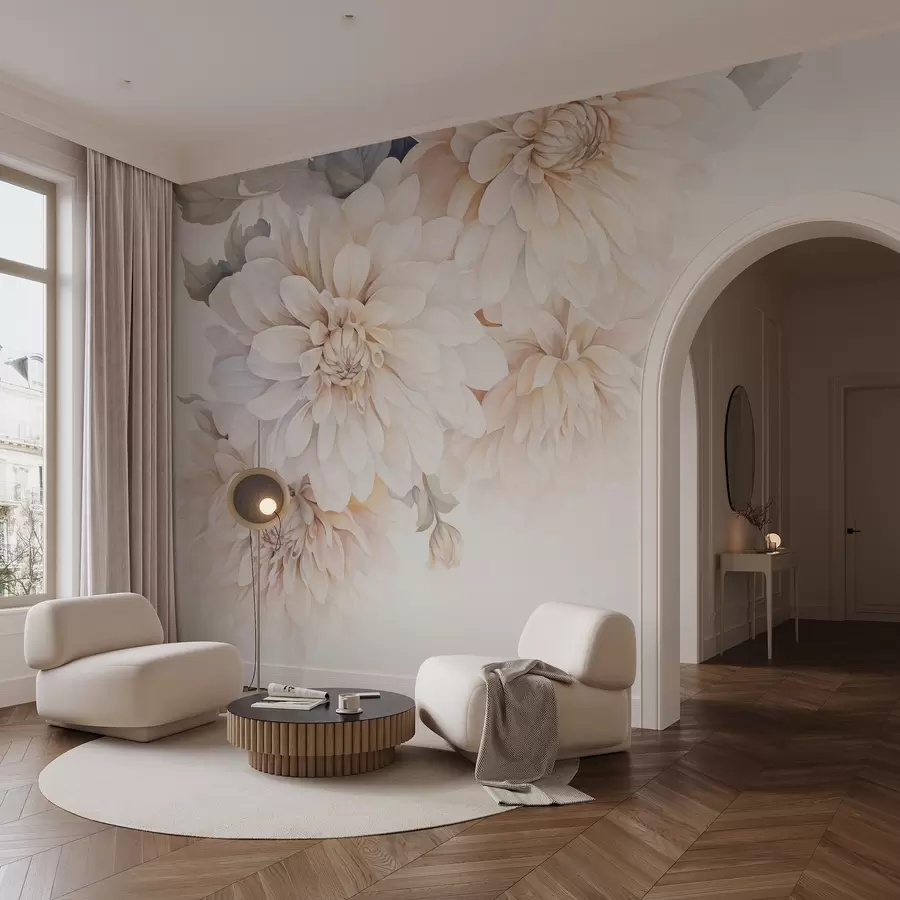 τοιχογραφίες Παστέλ ντάλιες με απαλά, ντελικάτα ροδακινί και λευκά ελαφριά πέταλα σε στυλ ακουαρέλας, απαλό φόντο w09115