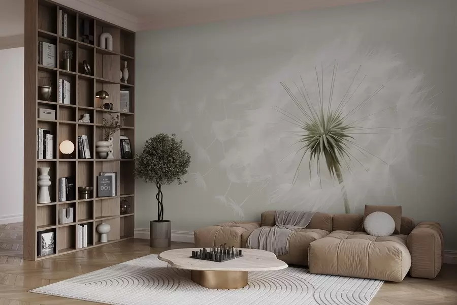 τοιχογραφίες Σύγχρονη απαλή σύνθεση λουλουδιών με ένα πλήρως ανθισμένο κεφάλι πικραλίδας και αιωρούμενους σπόρους, σε μια λεπτή υφή που μοιάζει με ύφασμα w03939v1