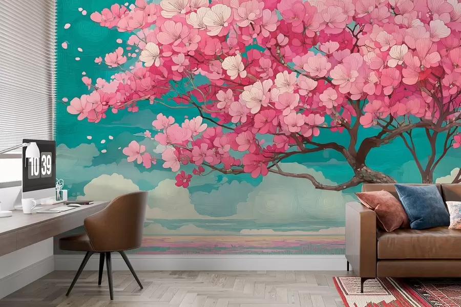 τοιχογραφίες Ένα ροζ δέντρο με άνθη κερασιάς με πέταλα που πέφτουν και μπλε ουρανό σε ρομαντικό στυλ w09120