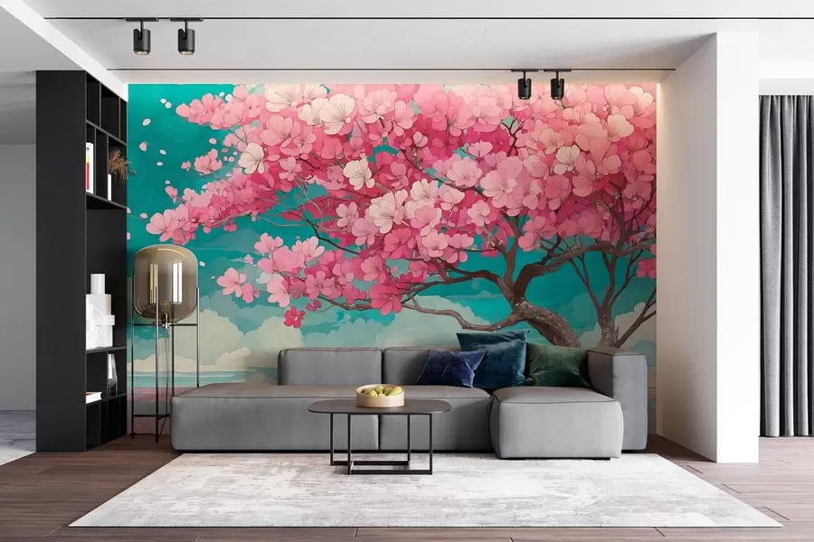τοιχογραφίες Ένα ροζ δέντρο με άνθη κερασιάς με πέταλα που πέφτουν και μπλε ουρανό σε ρομαντικό στυλ w09120