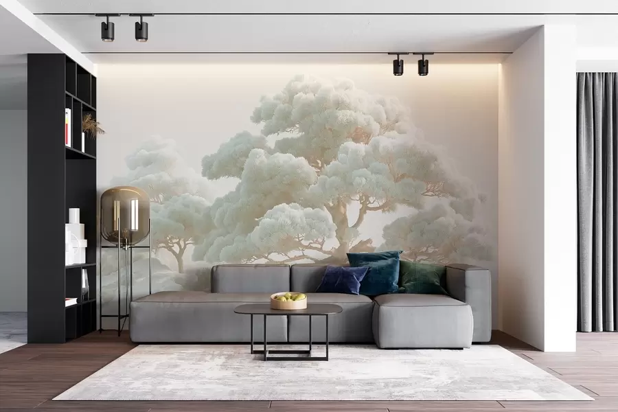 τοιχογραφίες Πεύκα στην ομίχλη σε απαλές αποχρώσεις που στέκονται σε ένα δάσος w09122