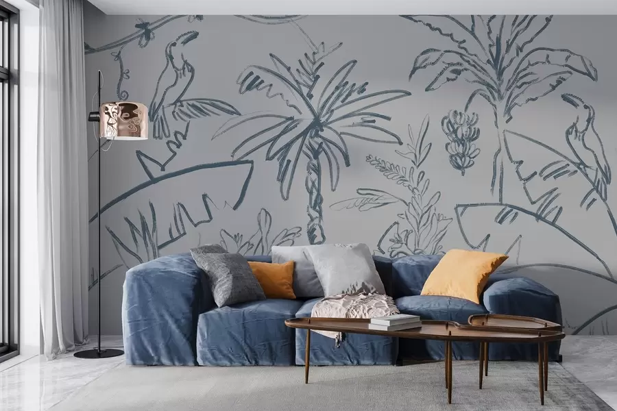 τοιχογραφίες Τροπικό μοτίβο σε μπλε χρώμα, μπανάνες, φοίνικες w04020v1
