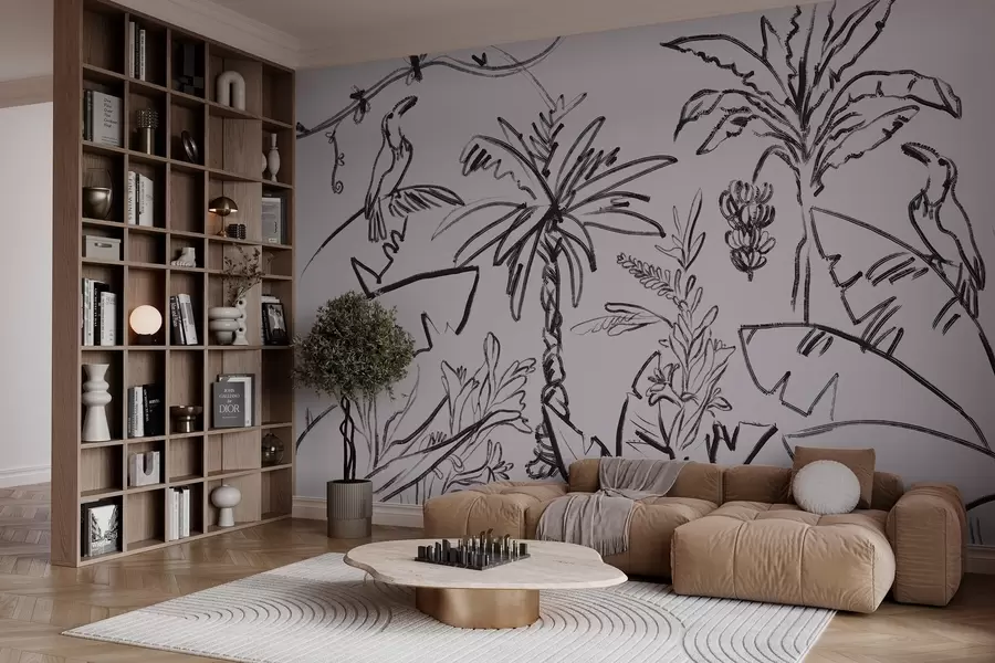 τοιχογραφίες Τροπικό μοτίβο σε μαύρο χρώμα, φοίνικες, μπανάνες, γραφικά σε περίγραμμα w04020v7