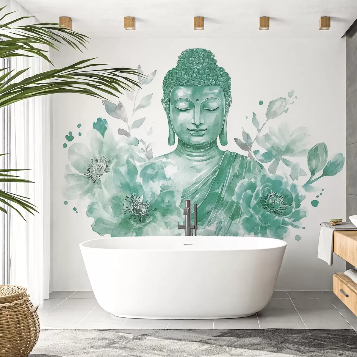 τοιχογραφίες Ακουαρέλα Βούδας με λουλούδια, πνευματική, πράσινη παλέτα χρωμάτων  w04005v3