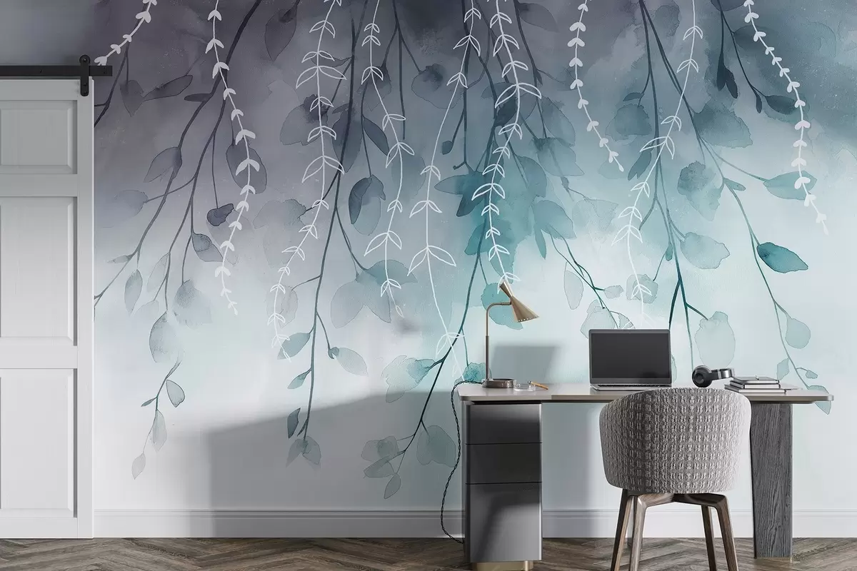 τοιχογραφίες Κλαδιά με φύλλα σε στυλ ακουαρέλας, φυσικά γαλαζοπράσινα χρώματα w04007v3