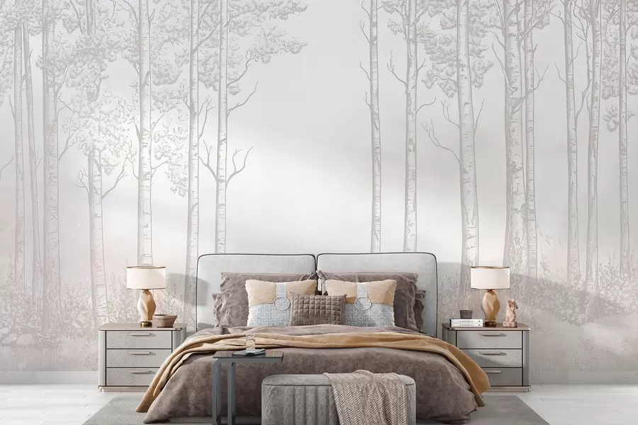 τοιχογραφίες Δάσος με σημύδες, μινιμαλισμός, φύση, μπεζ χρωματική παλέτα  w04009v3