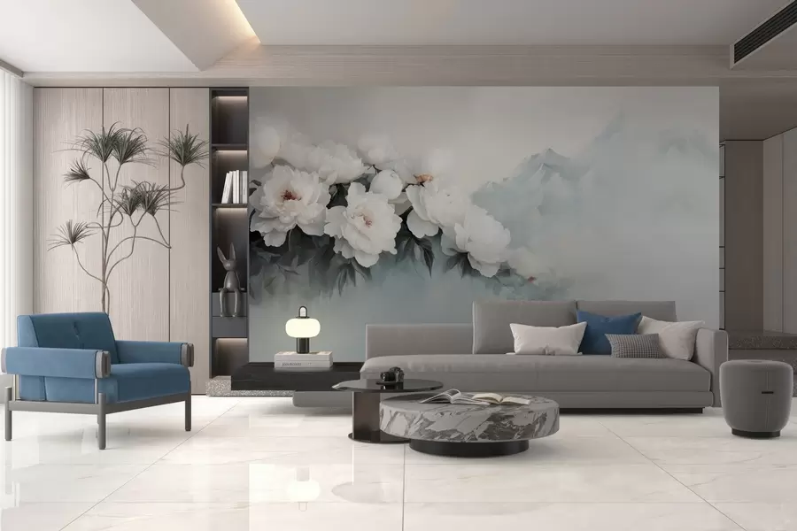 τοιχογραφίες γραφικές καταπράσινες λευκές παιώνιες με φόντο τα ομιχλώδη βουνά w03965