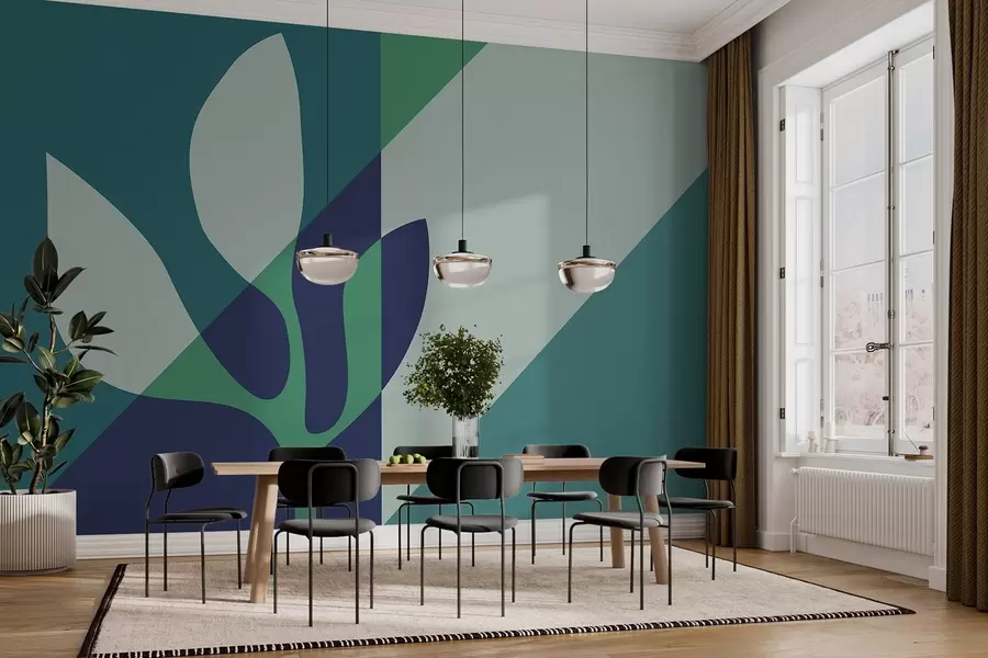 τοιχογραφίες αφηρημένο γραφικό φυτό σε φόντο γεωμετρίας σε μπλε τόνους w04028v1