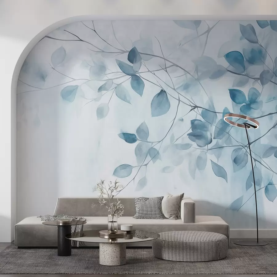 τοιχογραφίες Υφή ακουαρέλας απομίμηση μπλε φύλλων και κλαδιών, απαλά χρώματα, λεπτές λεπτομέρειες σε λευκό φόντο w09133v1
