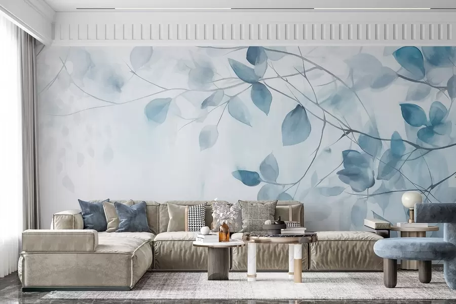 τοιχογραφίες Υφή ακουαρέλας απομίμηση μπλε φύλλων και κλαδιών, απαλά χρώματα, λεπτές λεπτομέρειες σε λευκό φόντο w09133v1