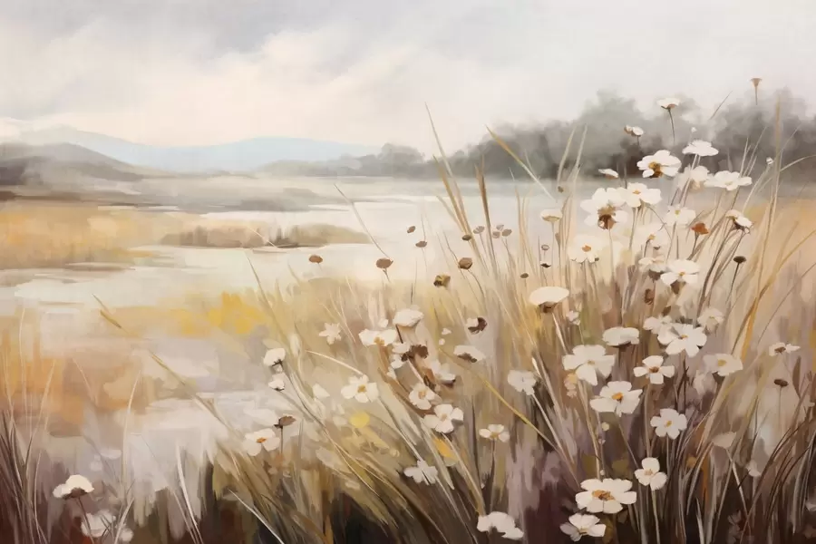 τοιχογραφίες Πεδίο με ψηλό γρασίδι και λευκές μαργαρίτες, δέντρα στο βάθος, κάτω από συννεφιασμένο ουρανό, τοπίο με υφή, απαλές πινελιές w09139