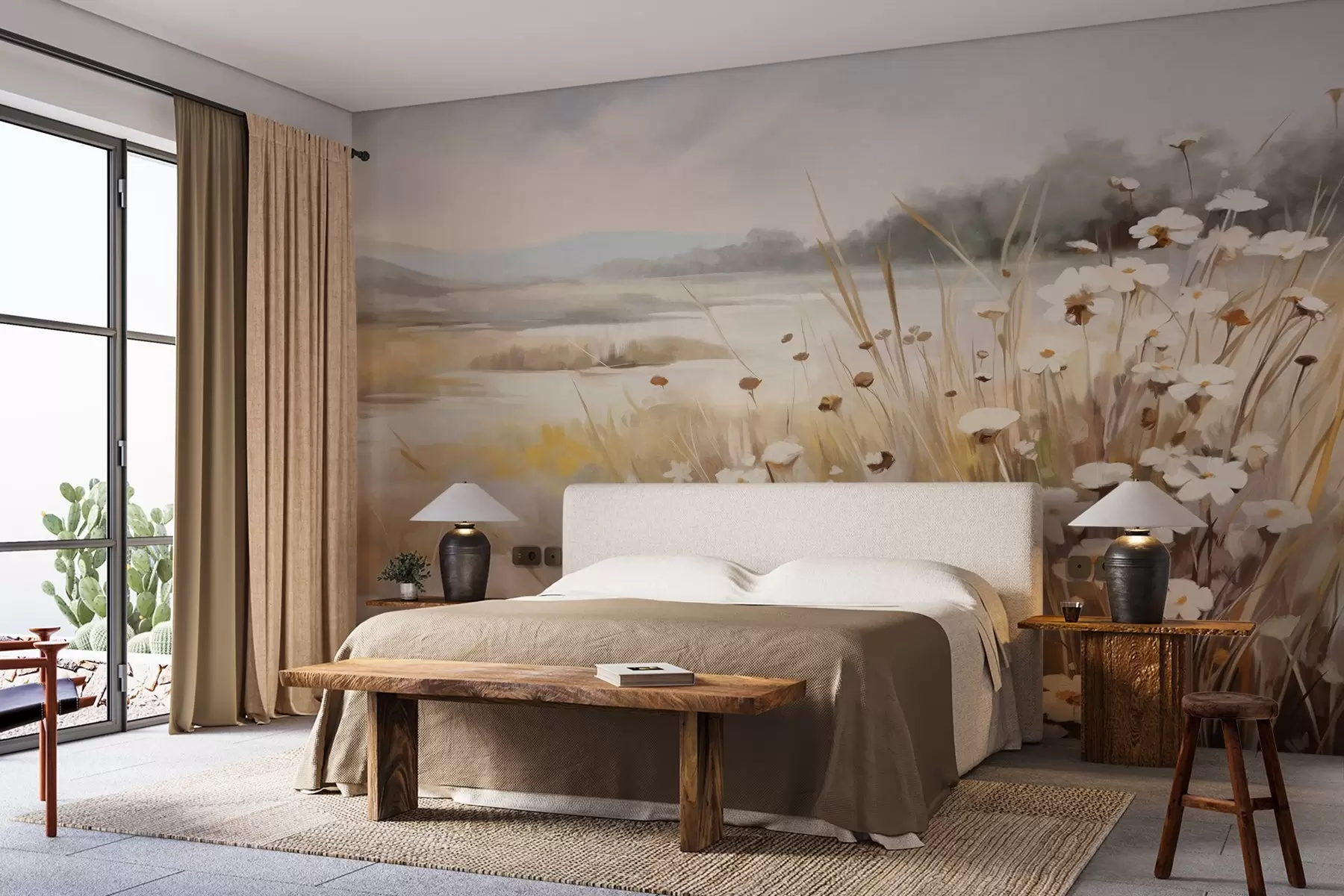 τοιχογραφίες Πεδίο με ψηλό γρασίδι και λευκές μαργαρίτες, δέντρα στο βάθος, κάτω από συννεφιασμένο ουρανό, τοπίο με υφή, απαλές πινελιές w09139