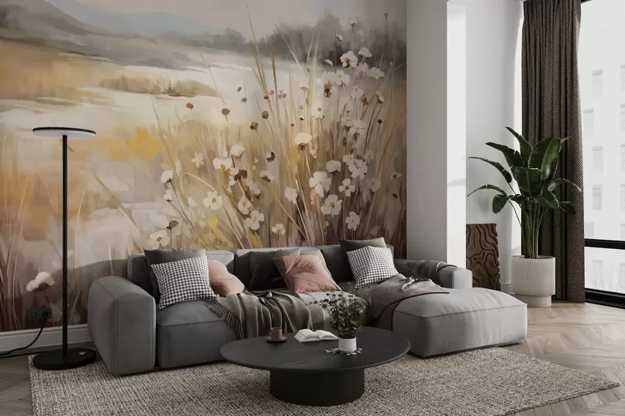 τοιχογραφίες Πεδίο με ψηλό γρασίδι και λευκές μαργαρίτες, δέντρα στο βάθος, κάτω από συννεφιασμένο ουρανό, τοπίο με υφή, απαλές πινελιές w09139