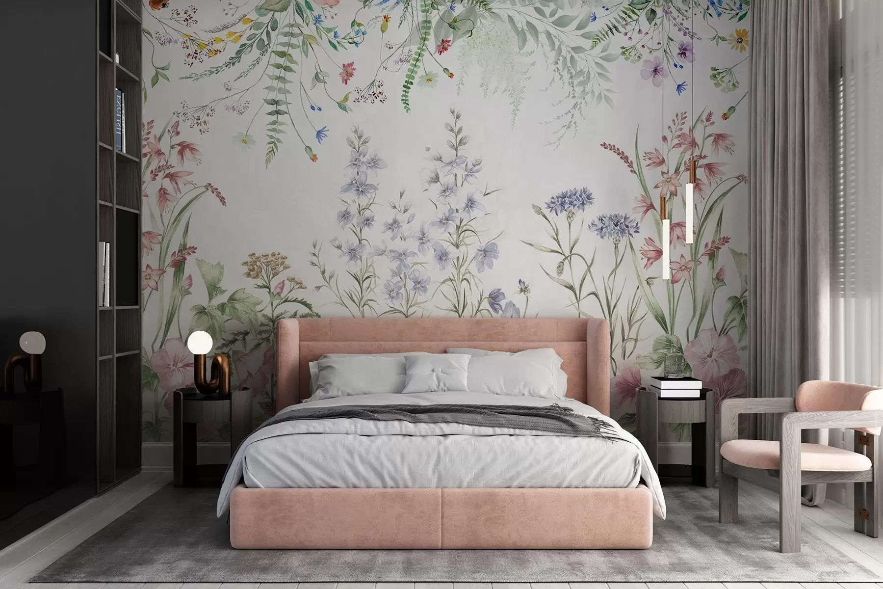 τοιχογραφίες Floral υφή διάταξη με πολύχρωμα λουλούδια και πράσινα φύλλα, βοτανική εικονογράφηση , μαλακό παστέλ χρώματα, vintage στυλ w09143