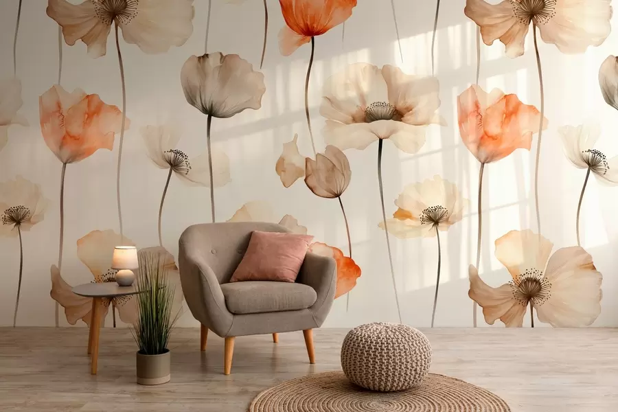 τοιχογραφίες σγουρές παπαρούνες σε στυλ ακουαρέλας w04031