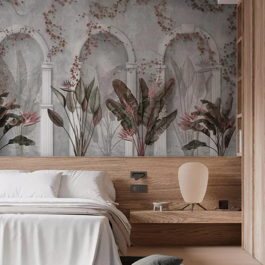 τοιχογραφίες Τείχος από σκυρόδεμα με καμάρες και τροπικά φυτά, λουλουδάτα, μπορντό χρώματα w04065v1