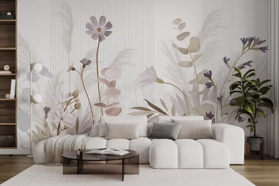 τοιχογραφίες Λουλούδια σε παστέλ χρώματα, ανοιχτό καφέ φύλλα, λευκό φόντο με κάθετες γραμμές, κομψό και μινιμαλιστικό  w09161