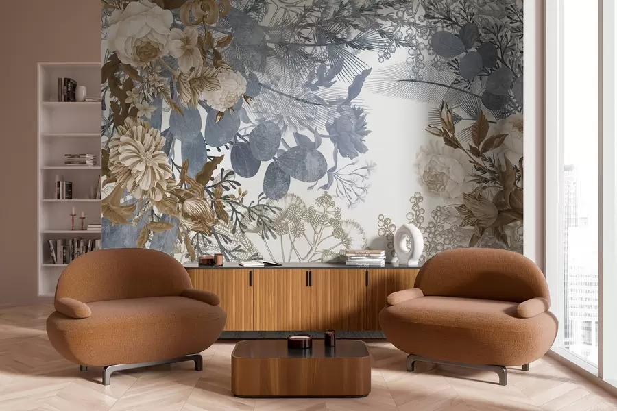 τοιχογραφίες Vintage ανθοσύνθεση με τριαντάφυλλα, ευκάλυπτο και μιμόζα σε αποχρώσεις του μπλε και του καφέ  w09164