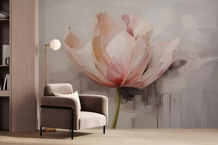 τοιχογραφίες Ροζ τουλίπα, απομίμηση ελαιογραφίας με απαλές πινελιές, αφηρημένο φόντο με παστέλ αποχρώσεις του γκρι και του μπεζ w09187