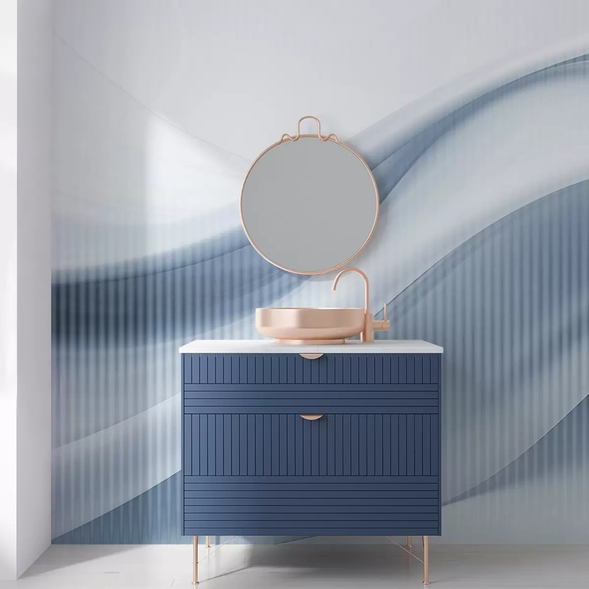 τοιχογραφίες Αφηρημένη εκτύπωση με ρέουσες γραμμές και λεπτές κάθετες ρίγες, που δημιουργούν μια αίσθηση κίνησης και βάθους, μπλε παλέτα w09189v1