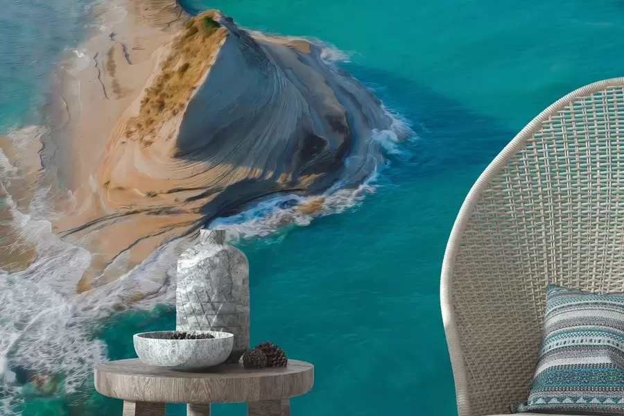 τοιχογραφίες Ελλάδα νησί, υφή σε στυλ λαδιού, ακτή θάλασσας, γαλαζοπράσινο νερό, ρεαλισμός w04094