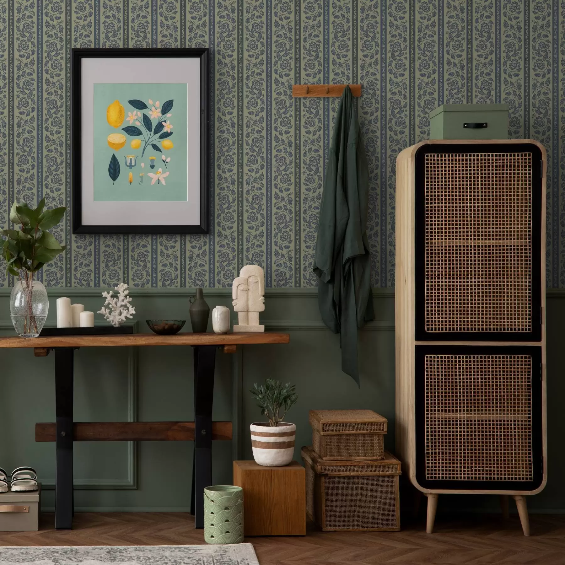 τοιχογραφίες Vintage μπλε στολίδι με λουλούδια και βελανίδια a00181v1