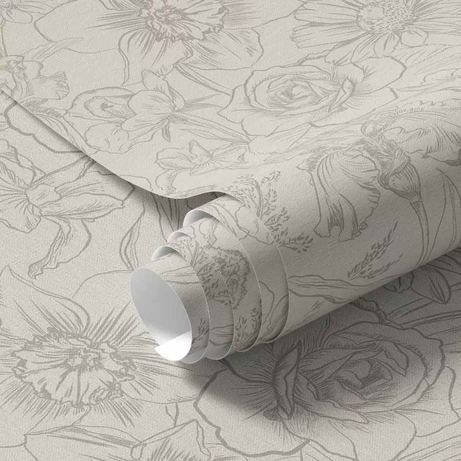 τοιχογραφίες Λουλούδια με περίγραμμα σε κρεμ φόντο, λεπτό φλοράλ μοτίβο a00218