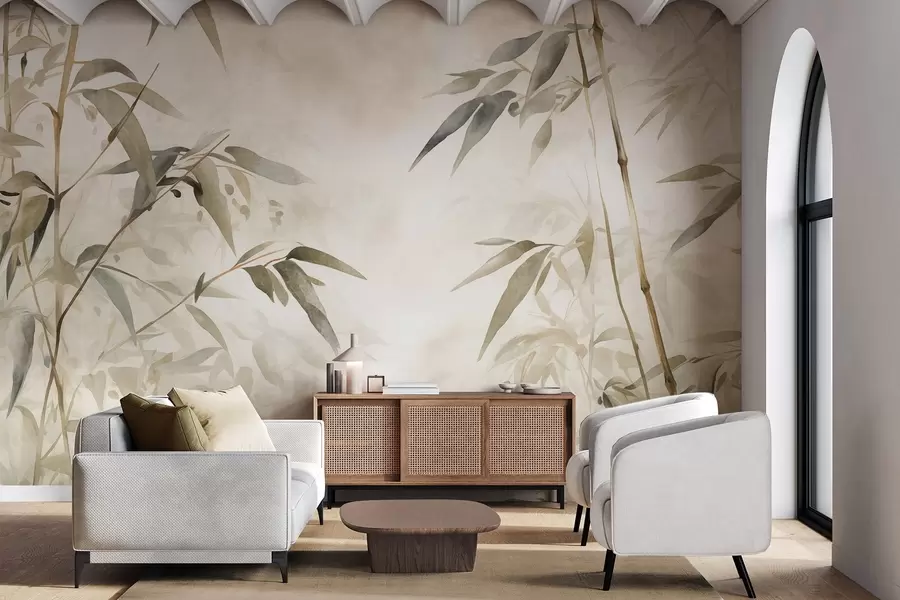 τοιχογραφίες Κλαδιά μπαμπού με υφή και φύλλα σε στυλ ακουαρέλας, απαλή ουδέτερη παλέτα χρωμάτων, ανοιχτό μπεζ φόντο w09204
