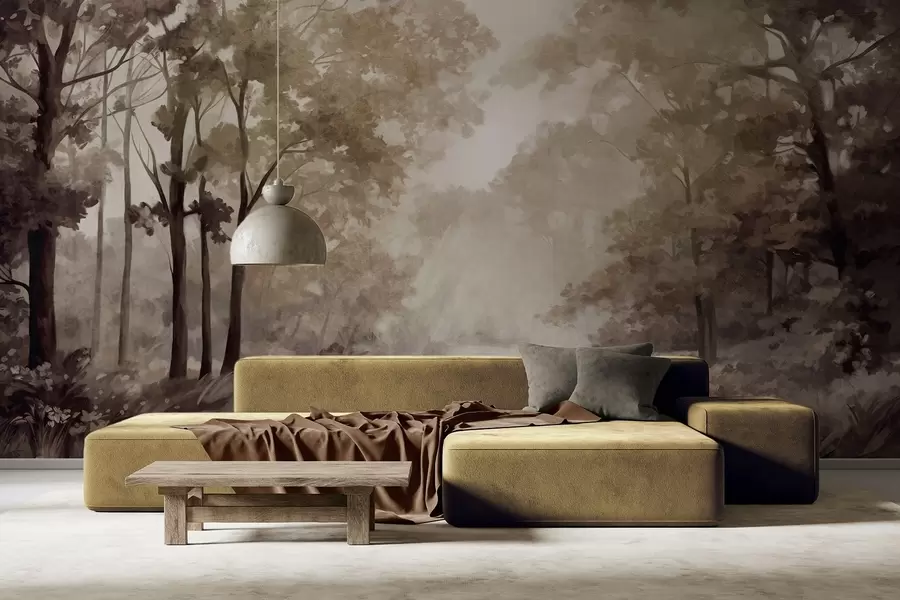 τοιχογραφίες Δασικό τοπίο με υφή, δέντρα με μπεζ και καφέ φύλλα, παστέλ χρωματική παλέτα w09210