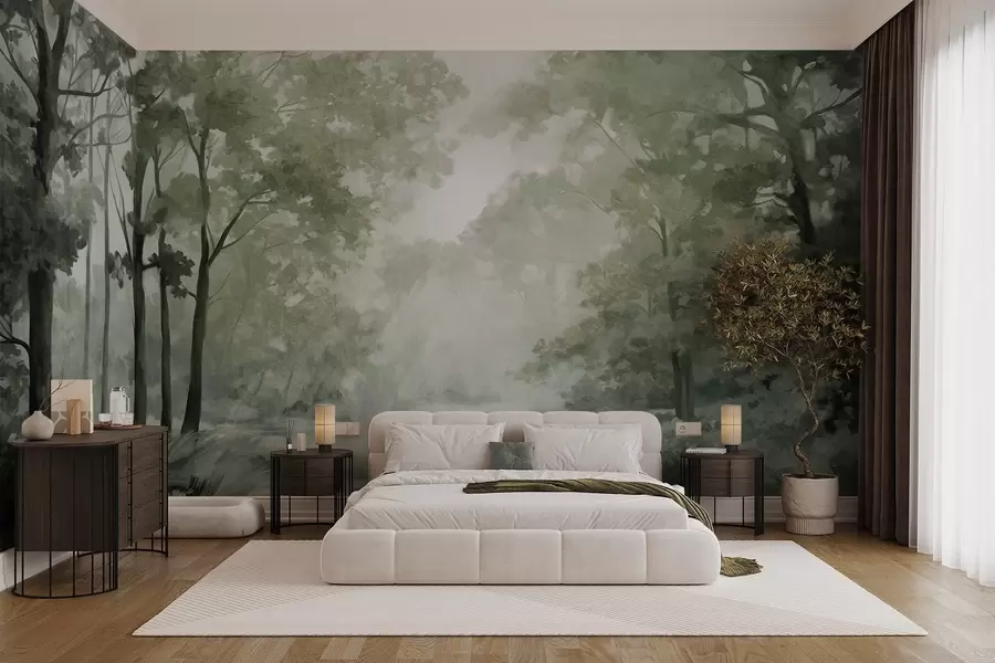 τοιχογραφίες Δασικό τοπίο με υφή, δέντρα με πράσινα φύλλα, παστέλ χρωματική παλέτα w09210v2