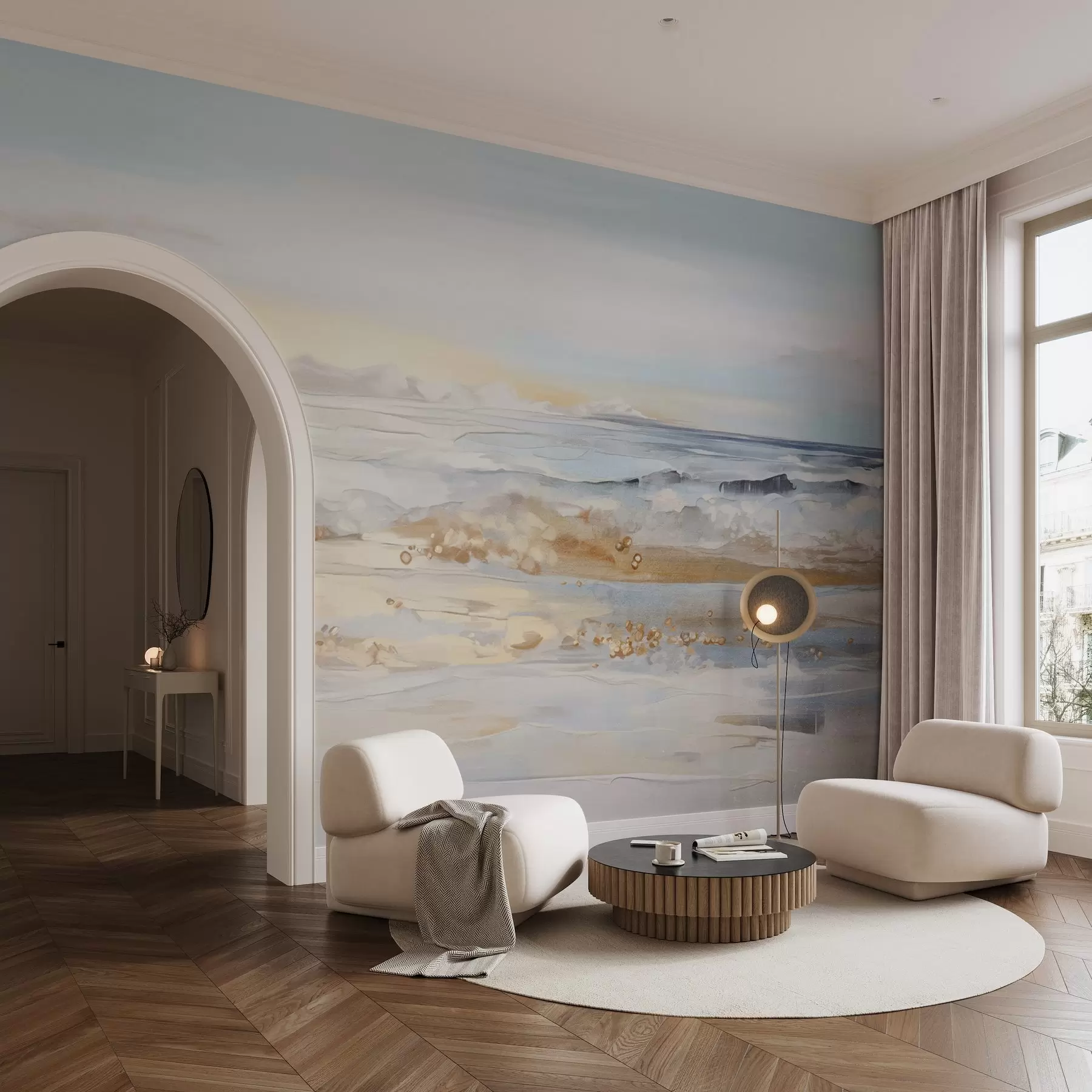 τοιχογραφίες Αφηρημένη υφή τοπίο ωκεάνιο κύματα συντριβή σε μια αμμώδη παραλία, μαλακό παστέλ χρώματα, μπλε ουρανό με ελαφριά σύννεφα w09234