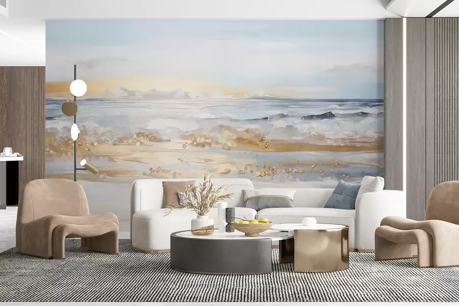 τοιχογραφίες Αφηρημένη υφή τοπίο ωκεάνιο κύματα συντριβή σε μια αμμώδη παραλία, μαλακό παστέλ χρώματα, μπλε ουρανό με ελαφριά σύννεφα w09234