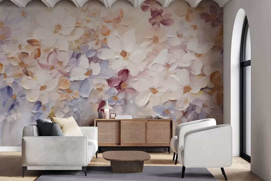 τοιχογραφίες Ελαιογραφία απομίμηση ενός κήπου λουλουδιών με λευκά, ροζ και πορτοκαλί λουλούδια, απαλές πινελιές, παστέλ απαλά χρώματα w09236