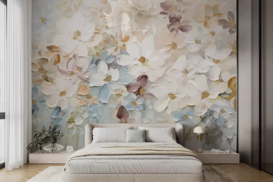 τοιχογραφίες Ελαιογραφία απομίμηση ενός κήπου λουλουδιών με λευκά, μπλε και πορτοκαλί λουλούδια, απαλές πινελιές, παστέλ απαλά χρώματα w09236v1