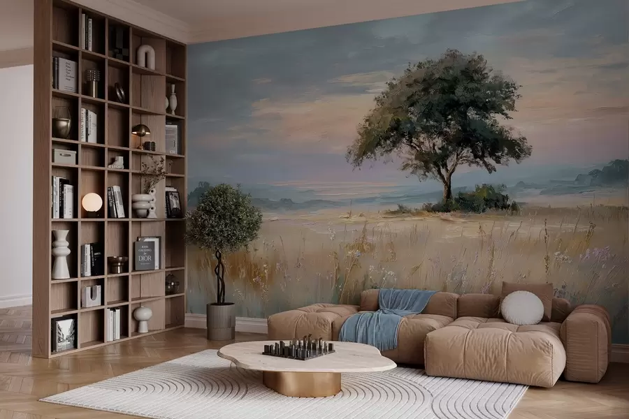 τοιχογραφίες δέντρο στη μέση ενός χωραφιού σε στυλ ελαιογραφίας w04206